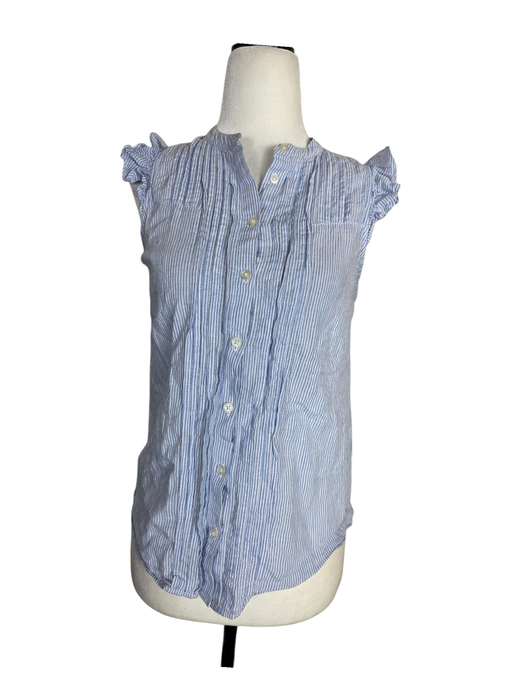 J. Crew Factory Linen & Cotton Pinstripe Ruffle Cap-Sleeve Button-Front Blouse